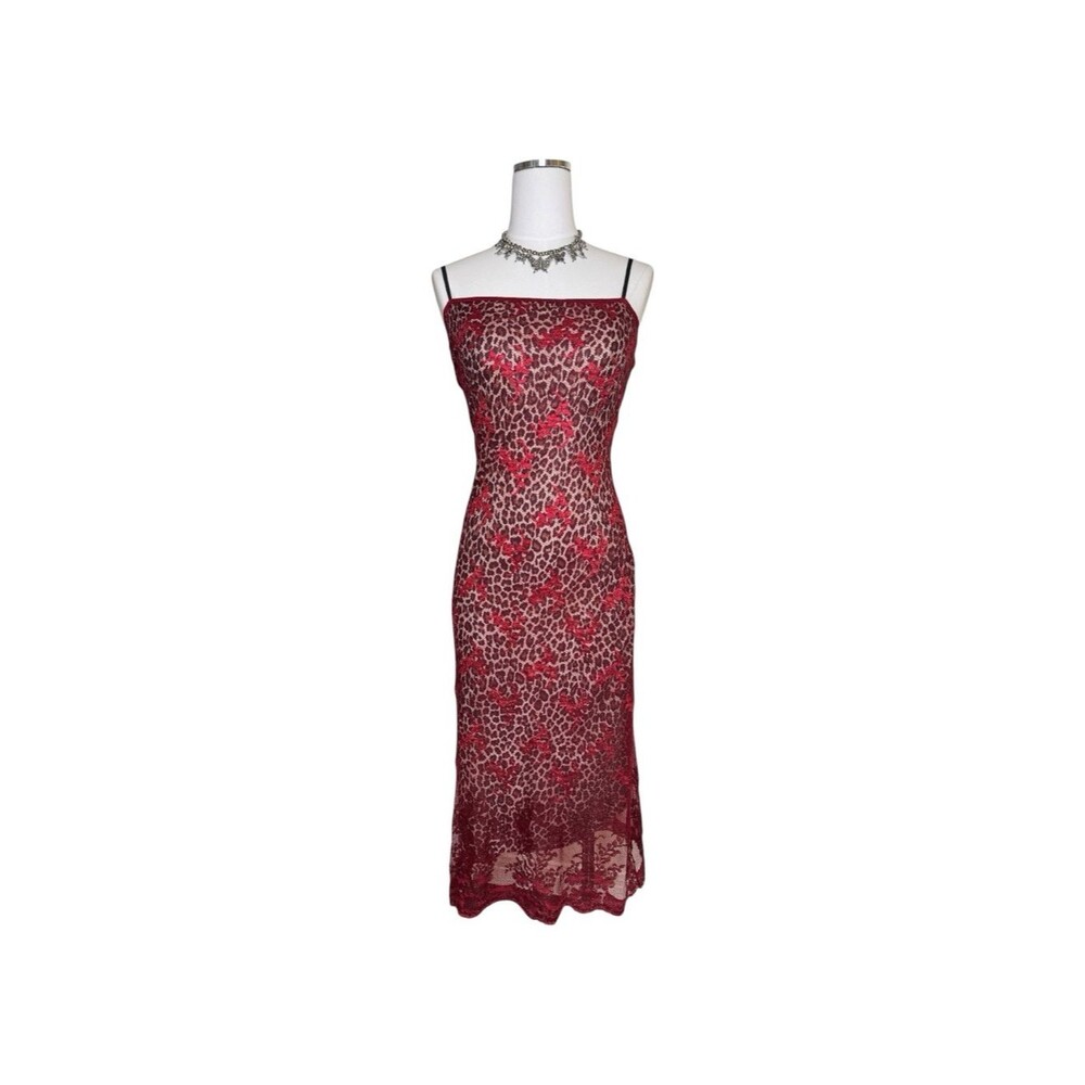 Y2K Arden B Red Lace Leopard Print Midi Dress Size Medium